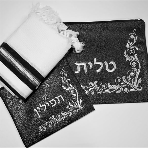 שקית לטלית צבע שחור דמוי עור עם עיטורי כסף